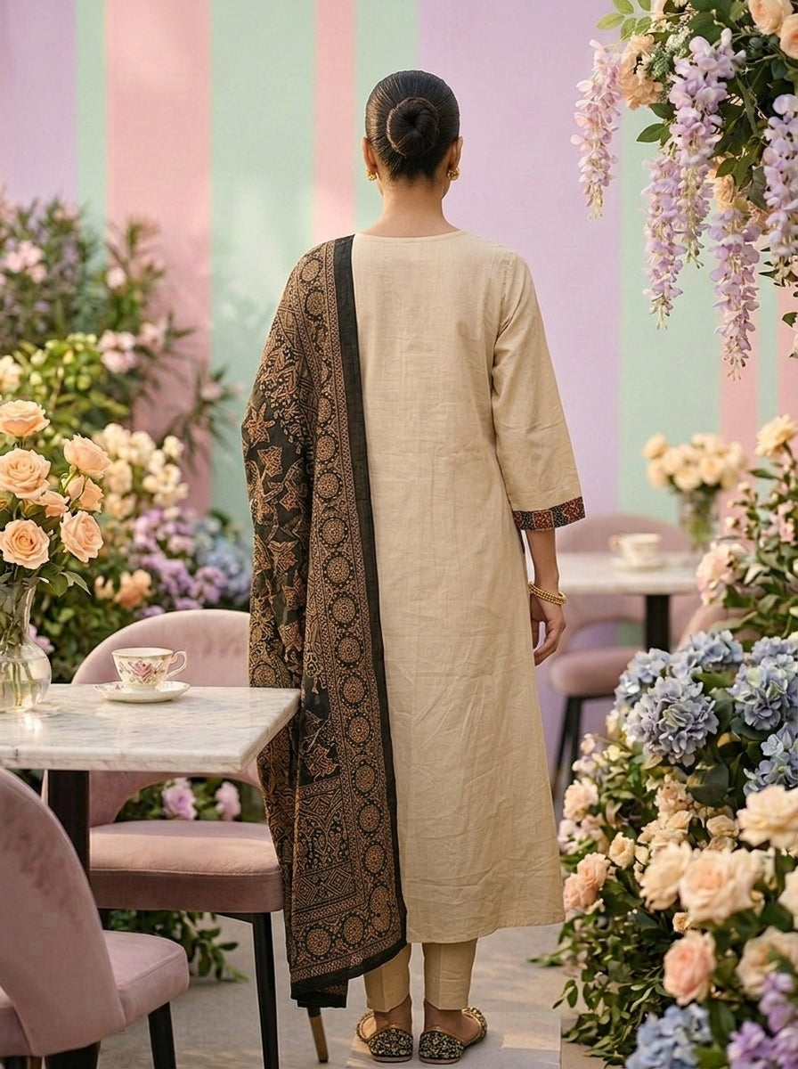 Neerus Beige cotton printed suit set - back view