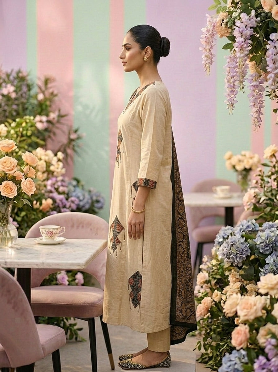 Neerus Beige cotton printed suit set - side view