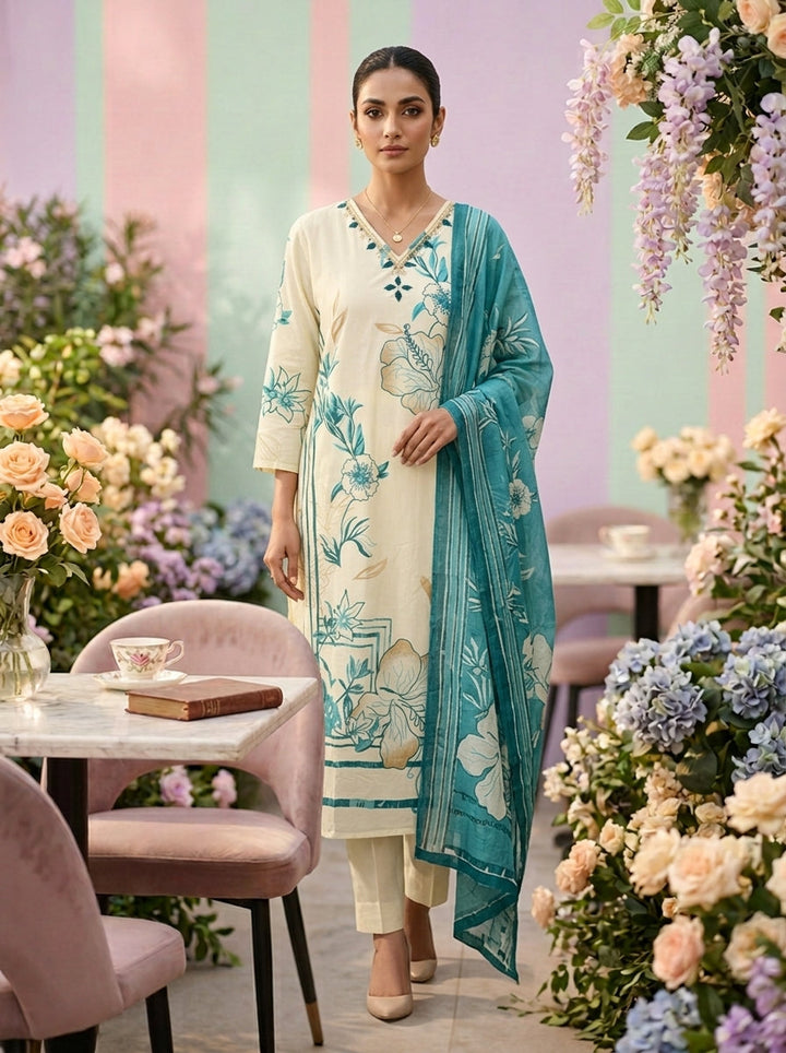 Neerus Green cotton printed suit set - front view