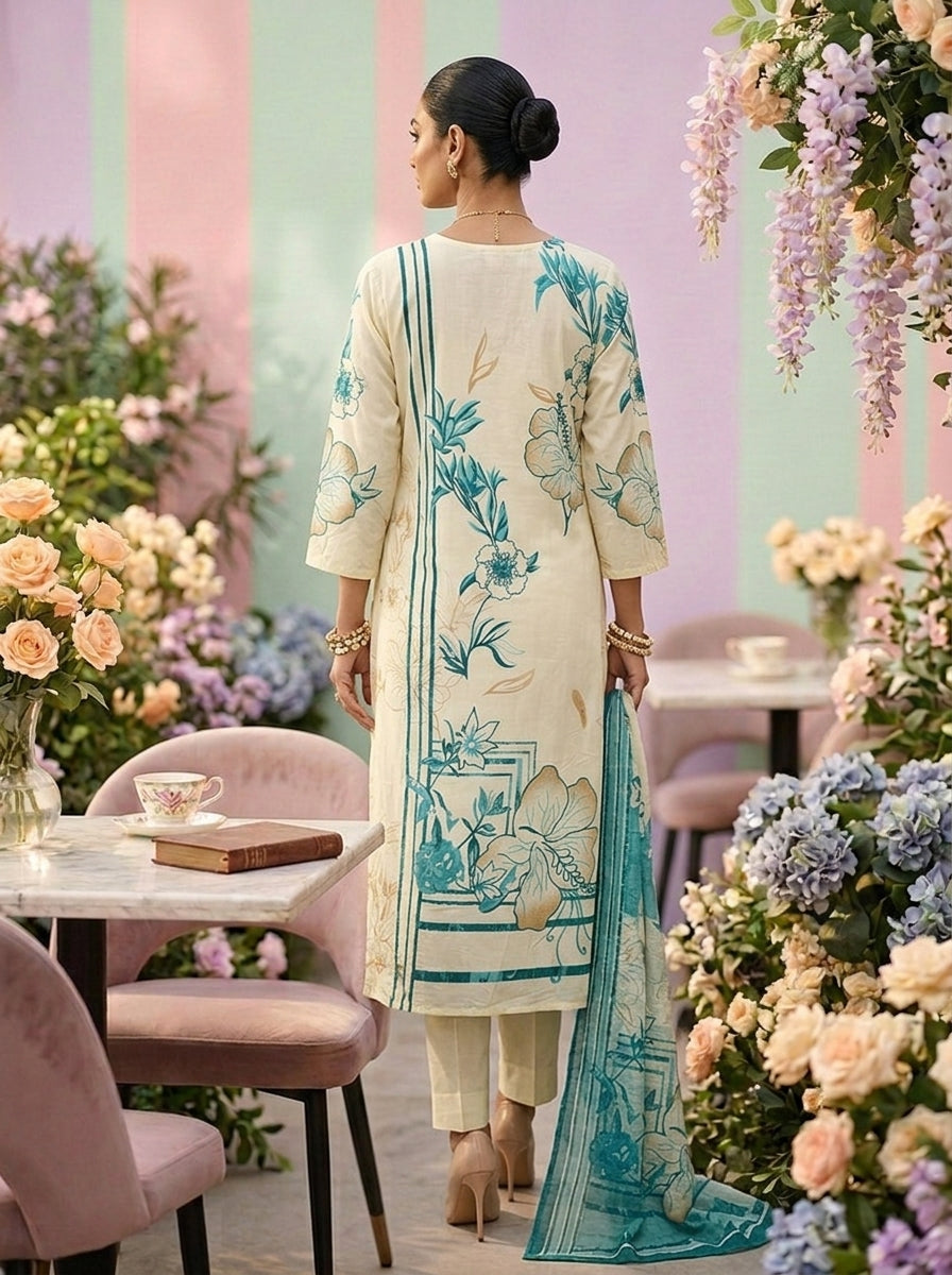 Neerus Green cotton printed suit set - back view