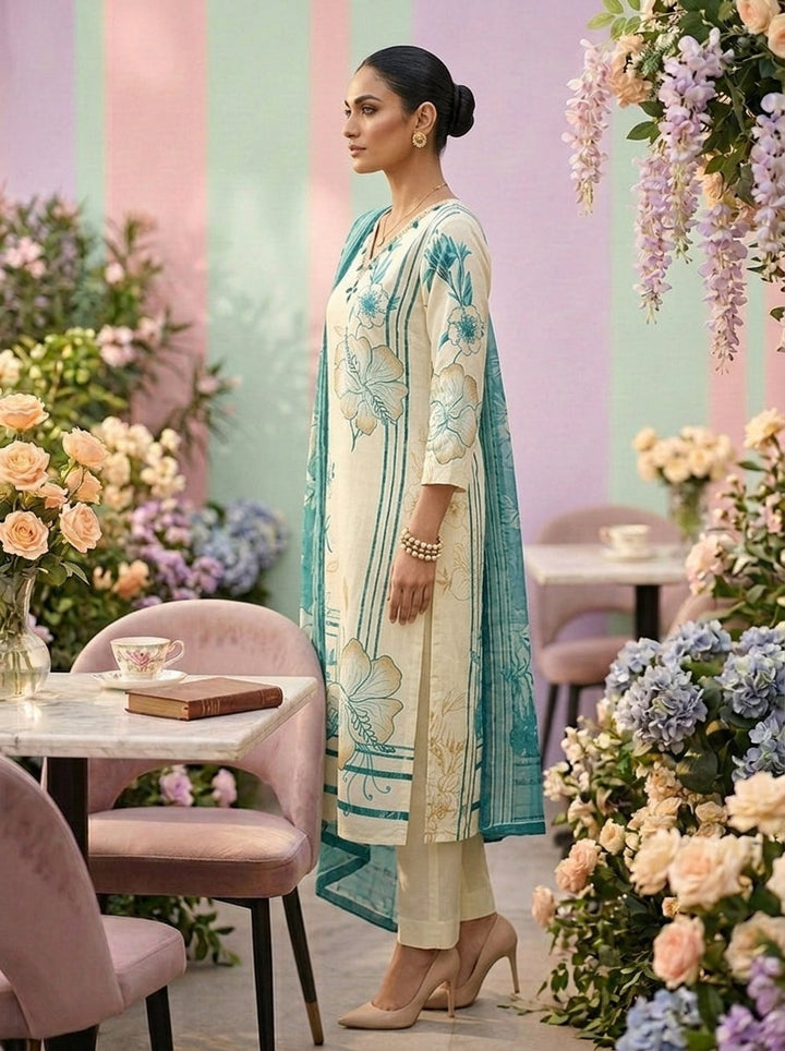 Neerus Green cotton printed suit set - side view