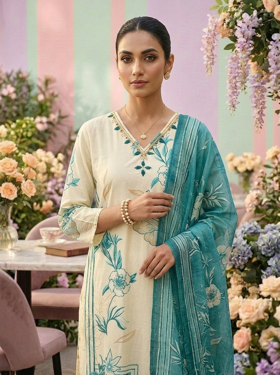 Neerus Green cotton printed suit set - detail view 1