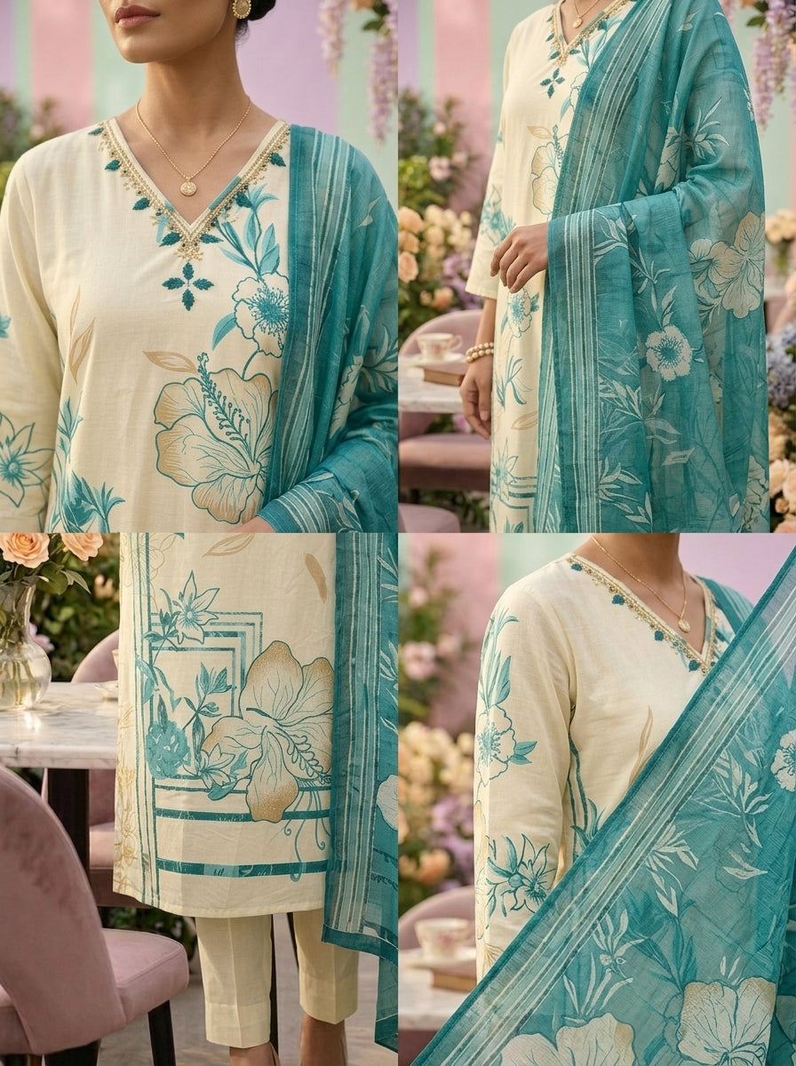 Neerus Green cotton printed suit set - detail view 2