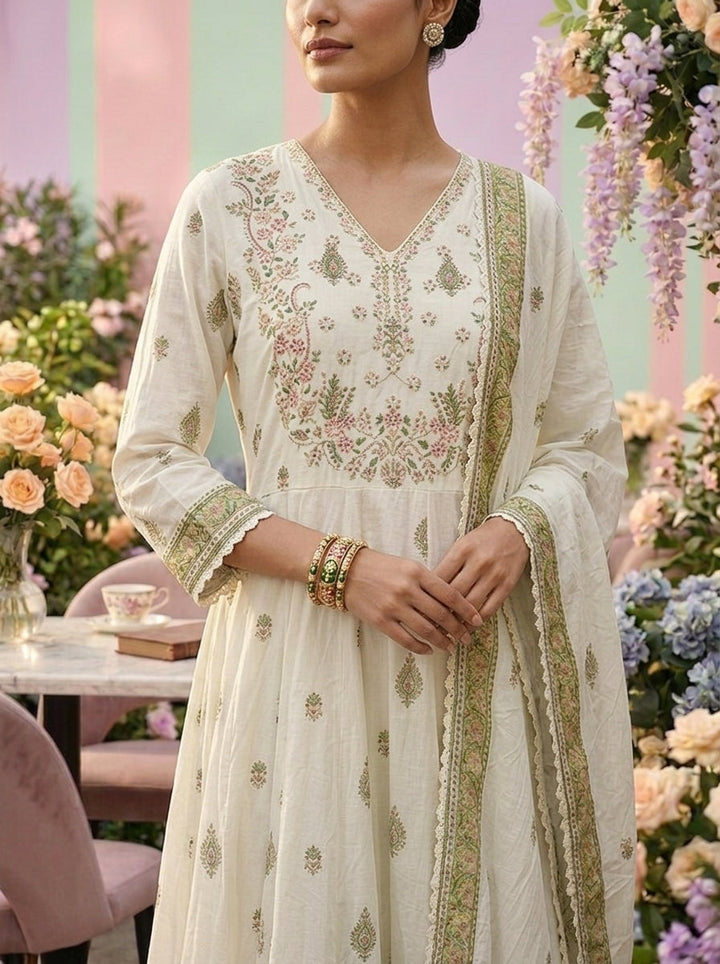 Neerus Green cotton printed suit set - detail view 1