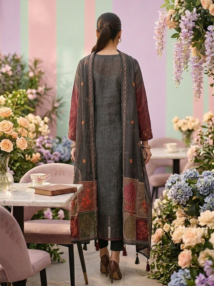 Neerus Grey linen printed suit set - back view