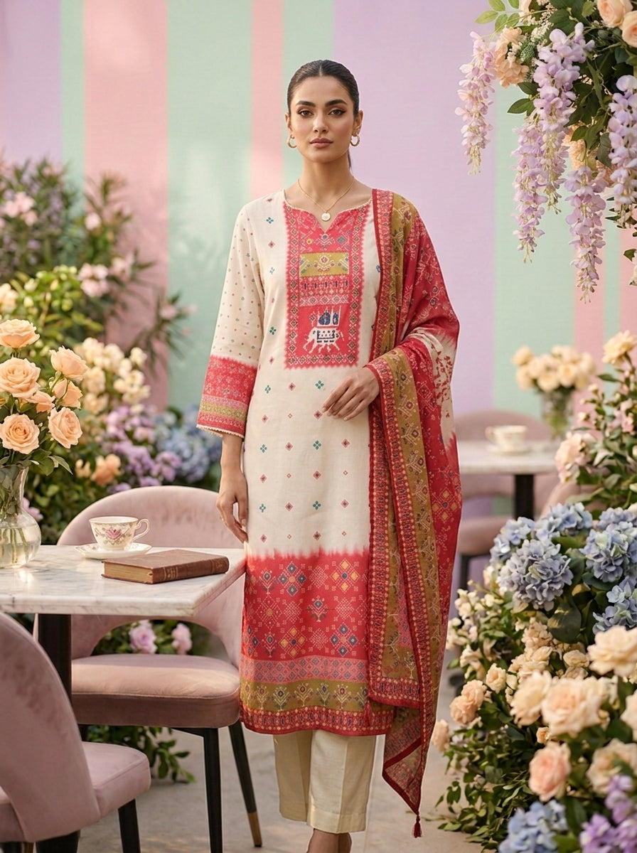 Neerus Pink rayon printed suit set - front view