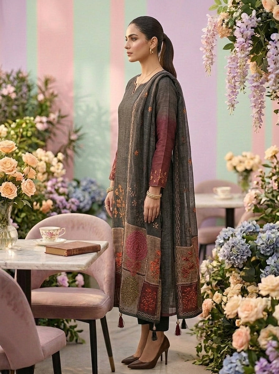 Neerus Grey linen printed suit set - side view