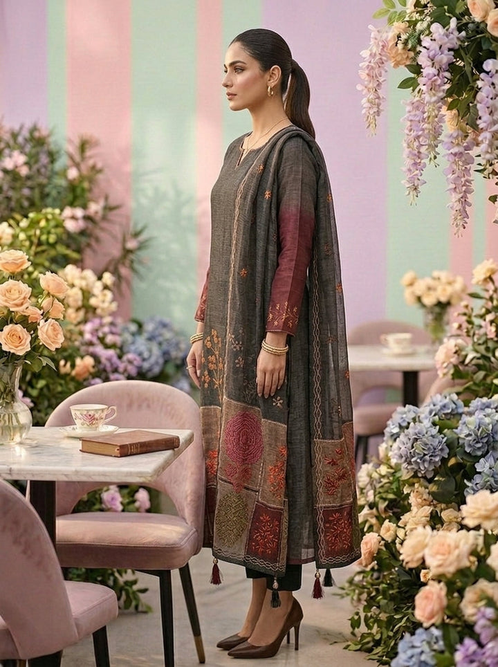 Neerus Grey linen printed suit set - side view