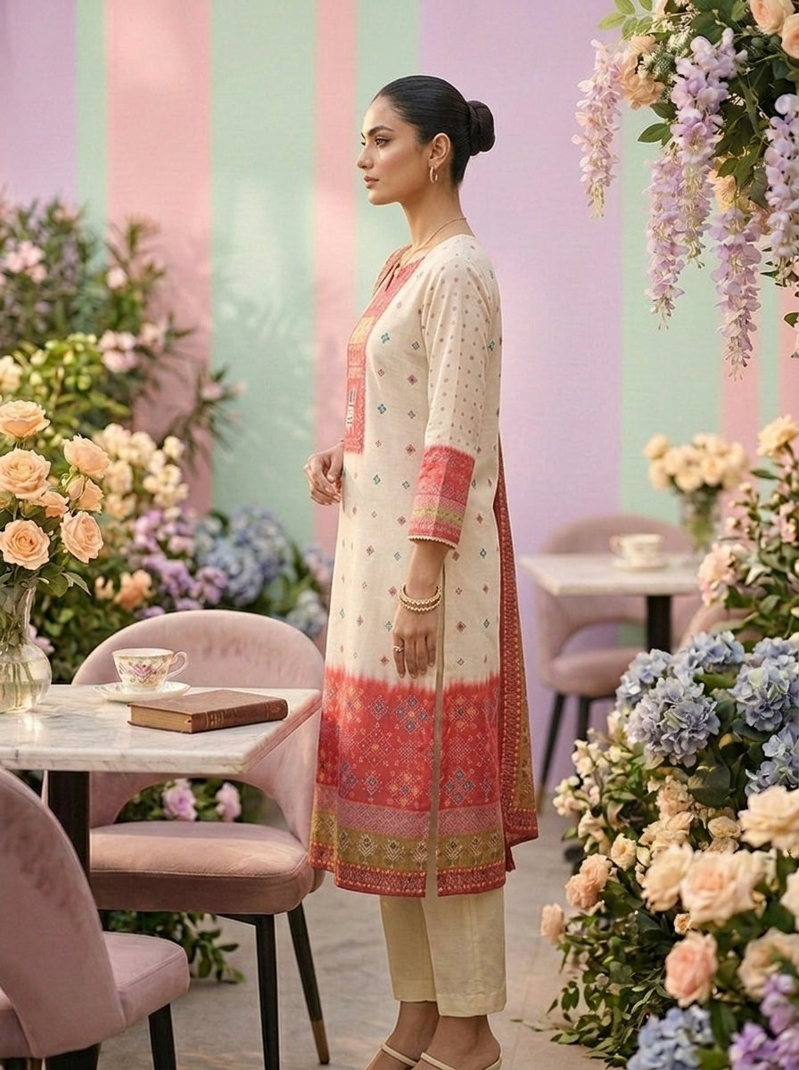 Neerus Pink rayon printed suit set - side view