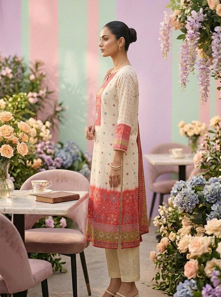 Neerus Pink rayon printed suit set - side view