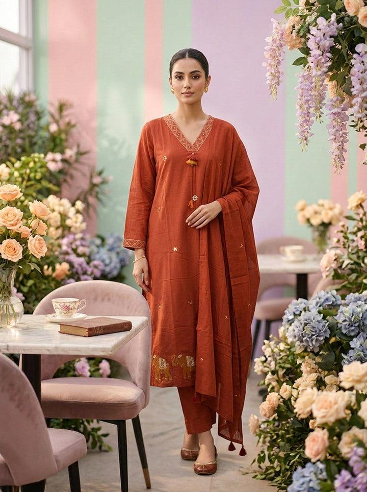 Neerus Orange cotton embroidered suit set - front view