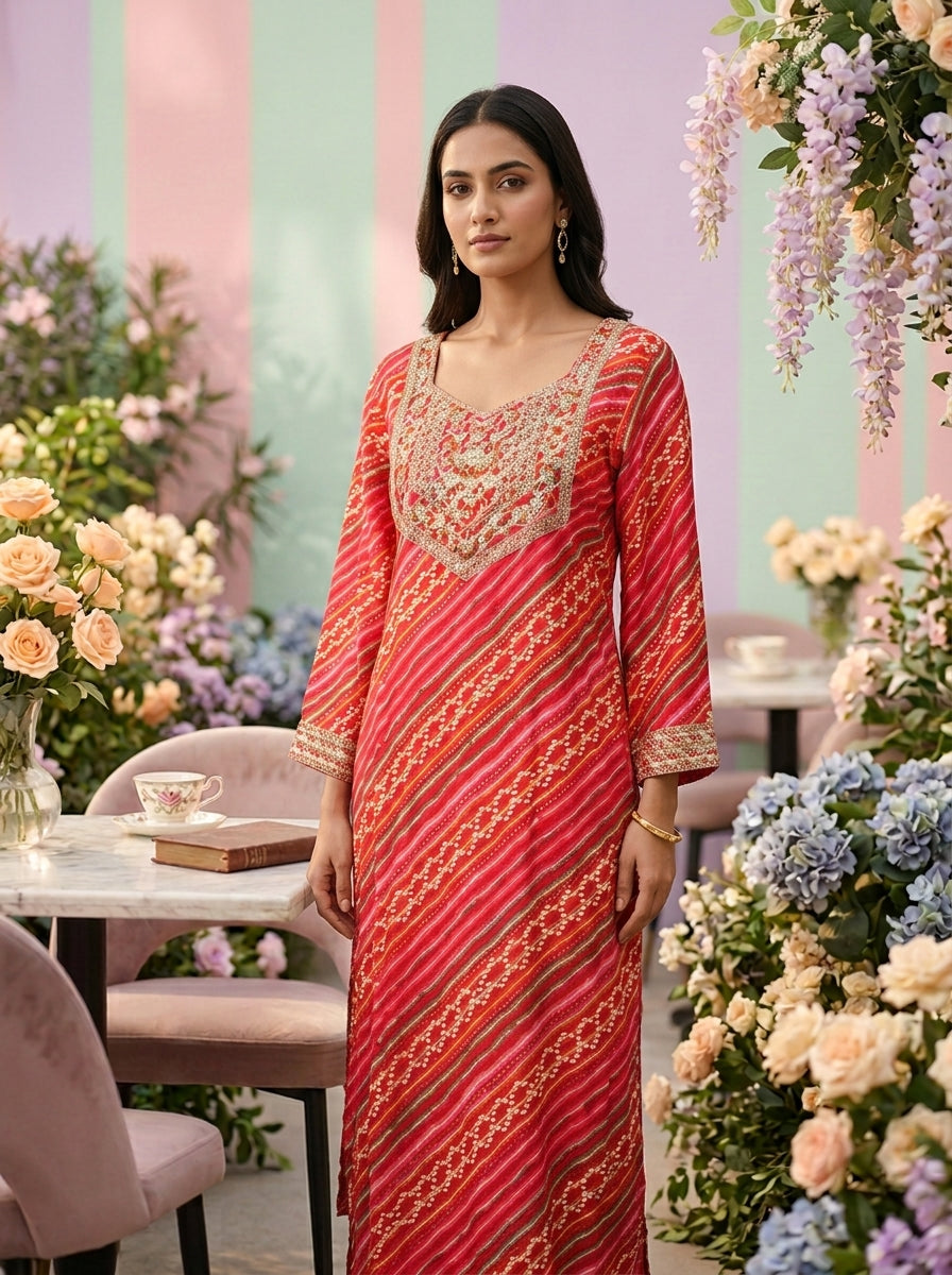 Neerus Pink rayon printed kurti - front view