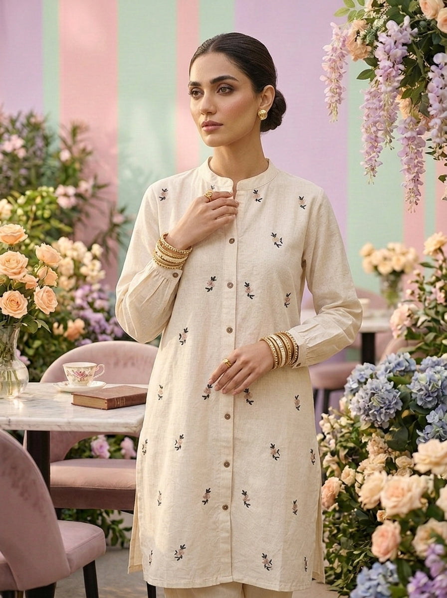 Neerus White cotton hand embroidered kurti - detail view 1