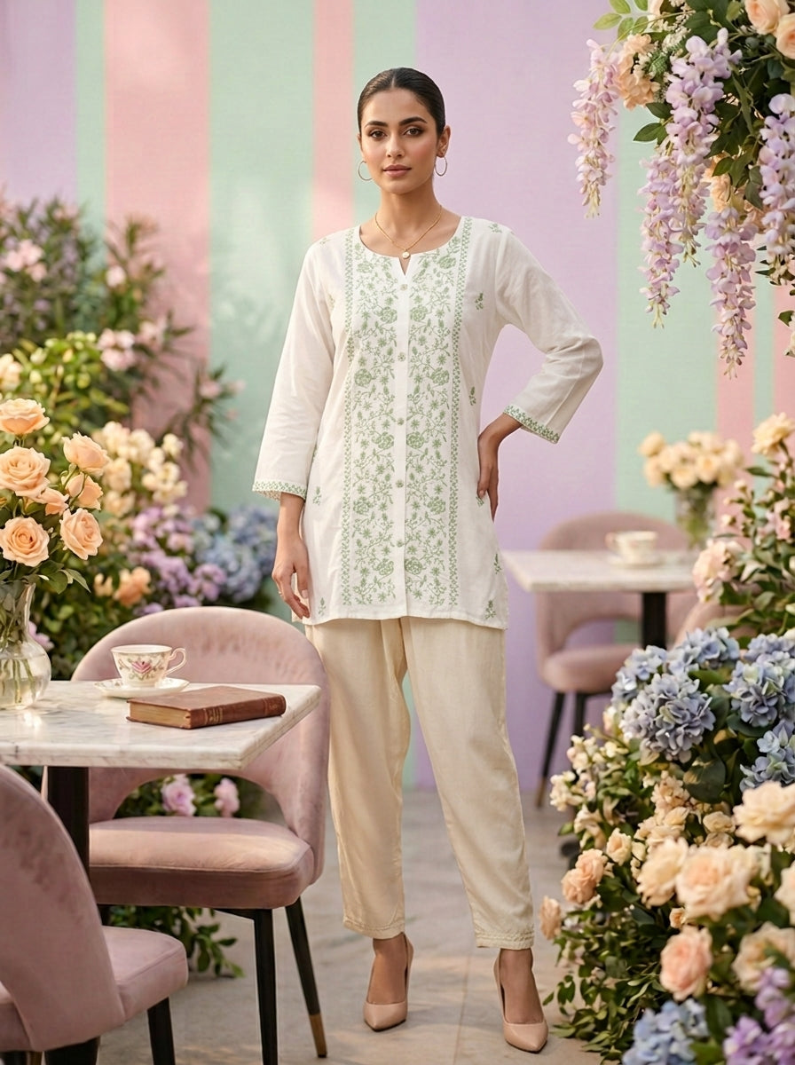Neerus Green linen hand embroidered kurti - front view