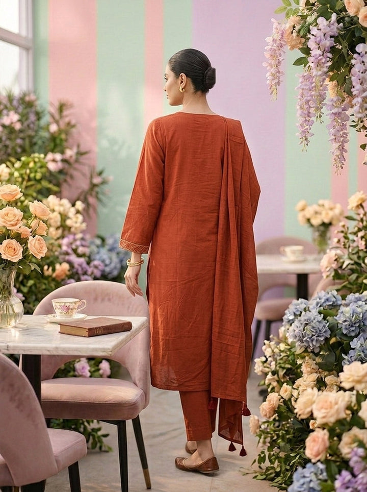 Neerus Orange cotton embroidered suit set - back view