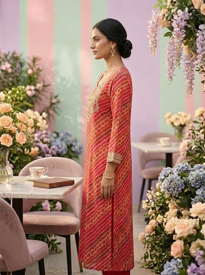 Neerus Pink rayon printed kurti - side view