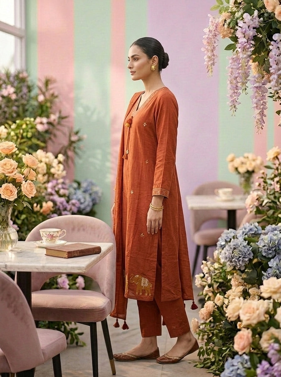 Neerus Orange cotton embroidered suit set - side view