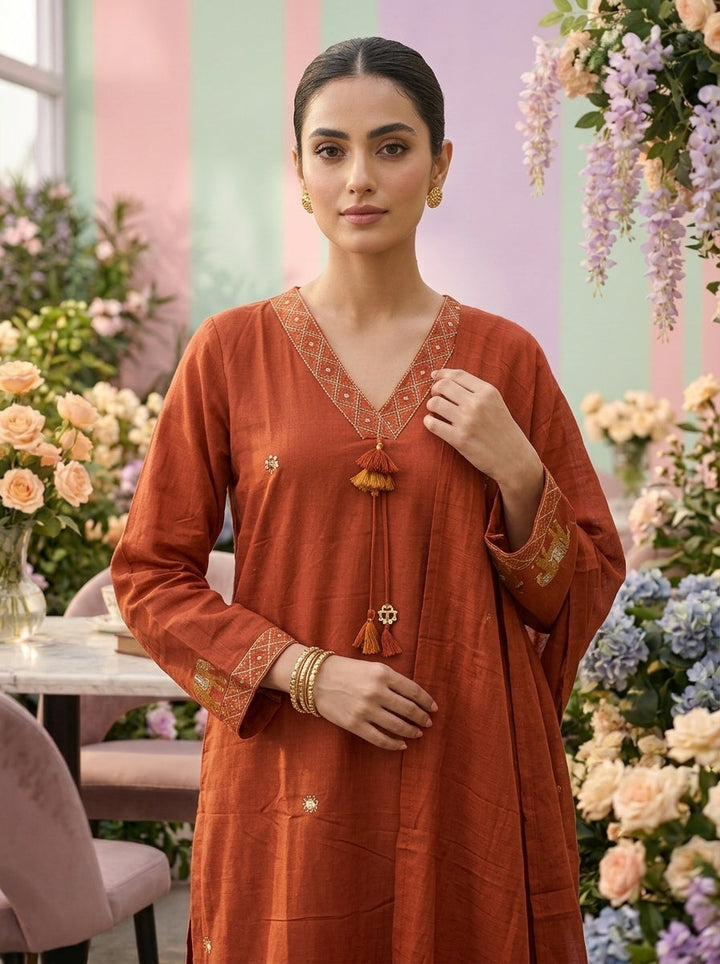 Neerus Orange cotton embroidered suit set - detail view 1