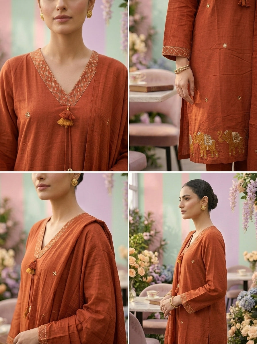 Neerus Orange cotton embroidered suit set - detail view 2