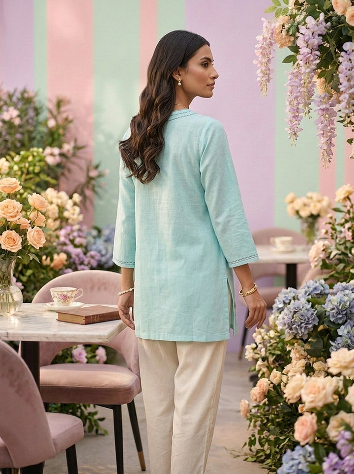 Neerus Blue cotton hand embroidered kurti - back view