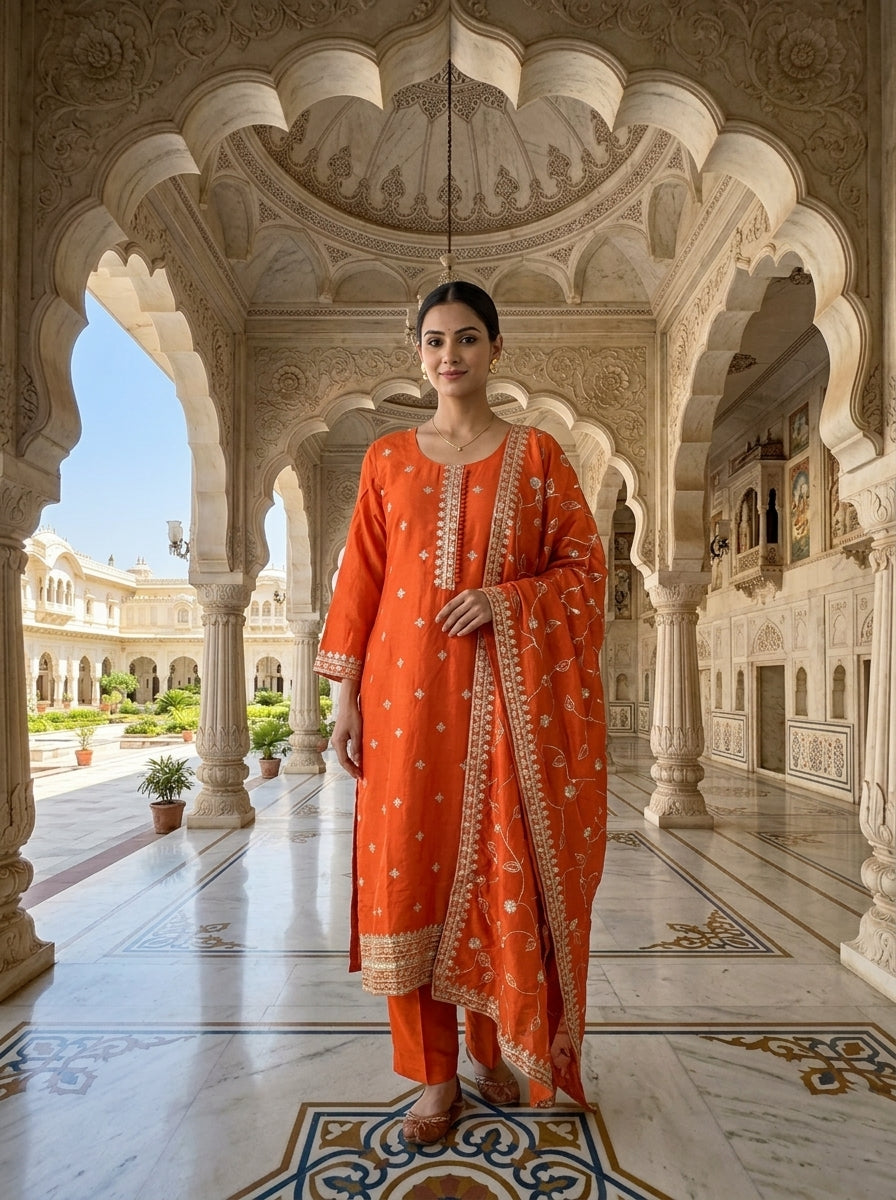Neerus Orange silk embroidered suit set - front view
