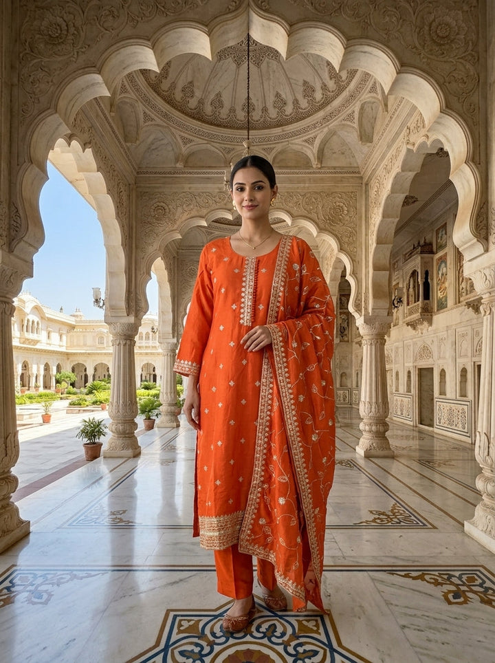 Neerus Orange silk embroidered suit set - front view