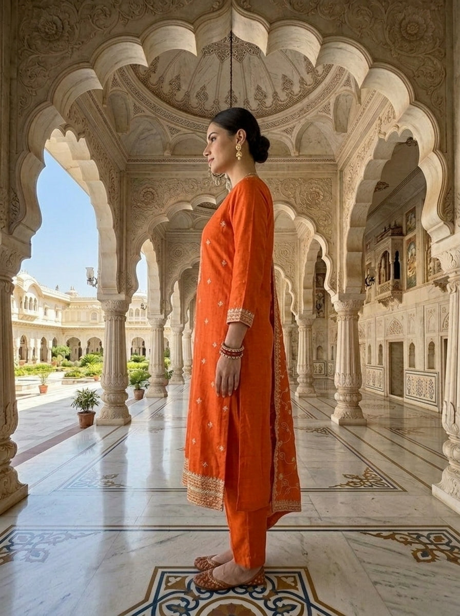 Neerus Orange silk embroidered suit set - back view