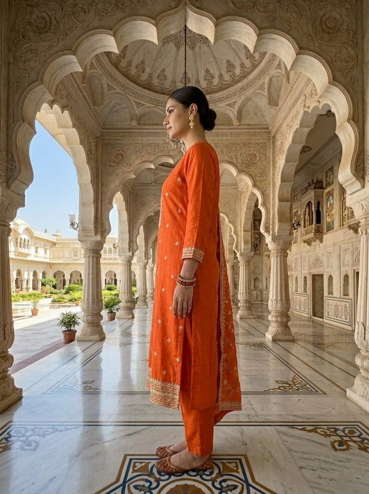 Neerus Orange silk embroidered suit set - back view