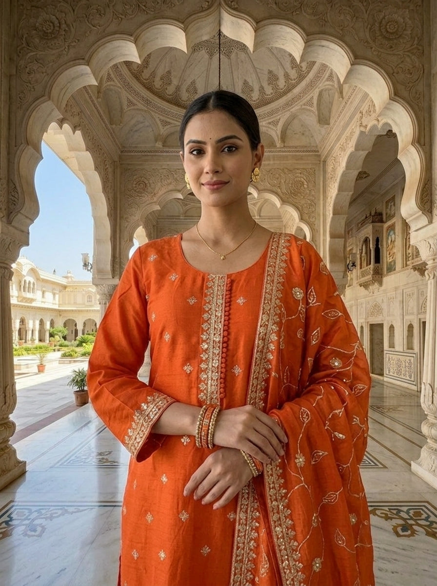 Neerus Orange silk embroidered suit set - detail view 1