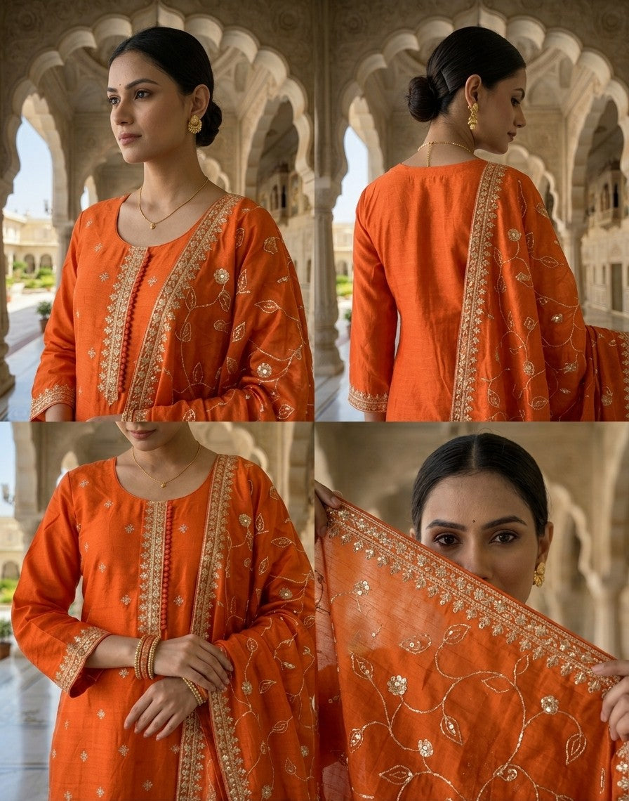 Neerus Orange silk embroidered suit set - detail view 2