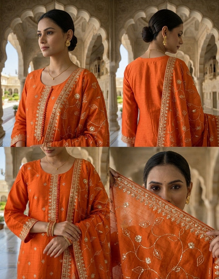 Neerus Orange silk embroidered suit set - detail view 2
