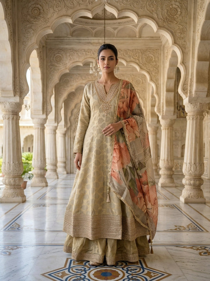 Neerus Grey tissue embroidered suit set with printed dupatta - front view
