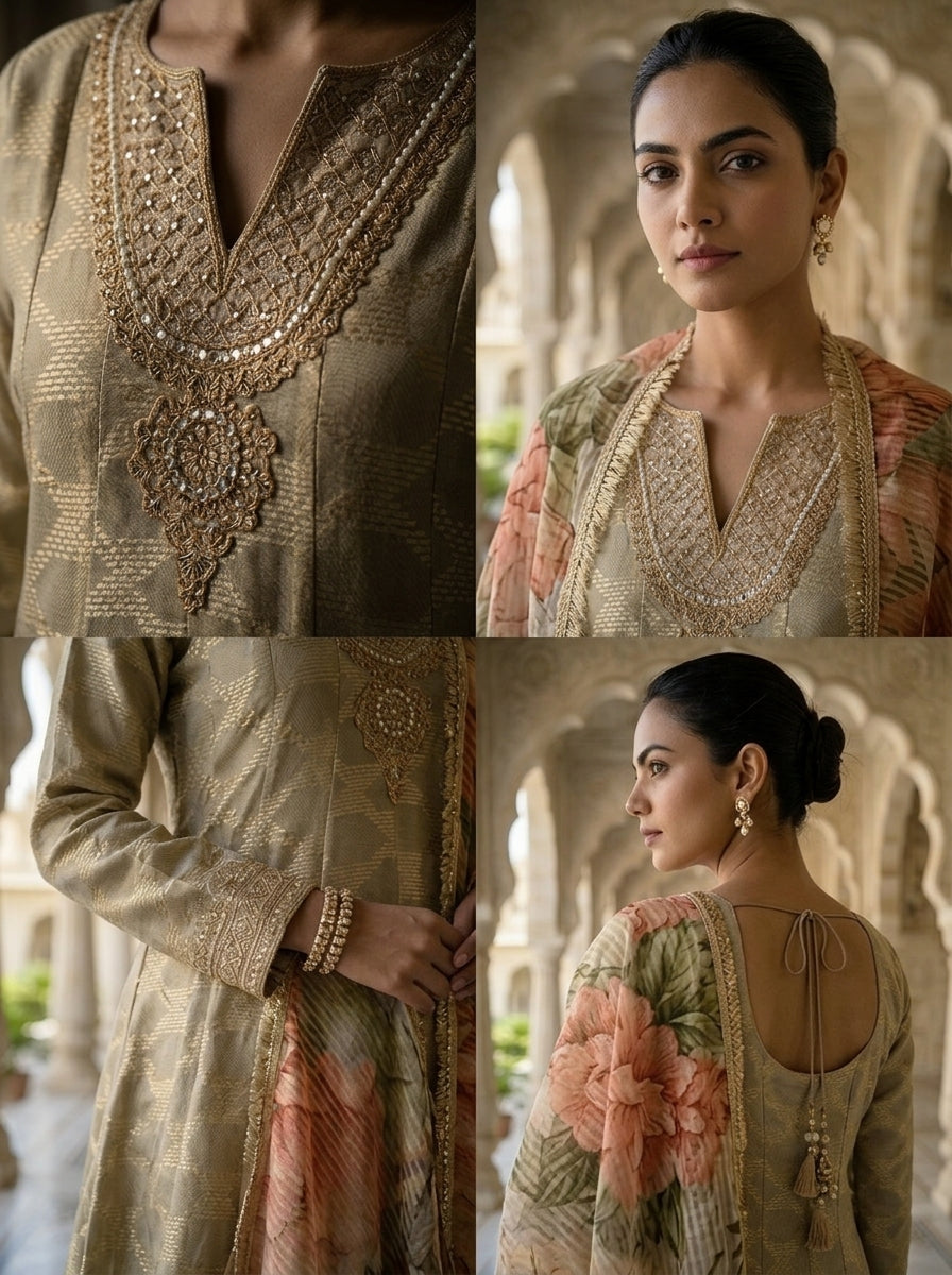 Neerus Grey tissue embroidered suit set with printed dupatta - side view