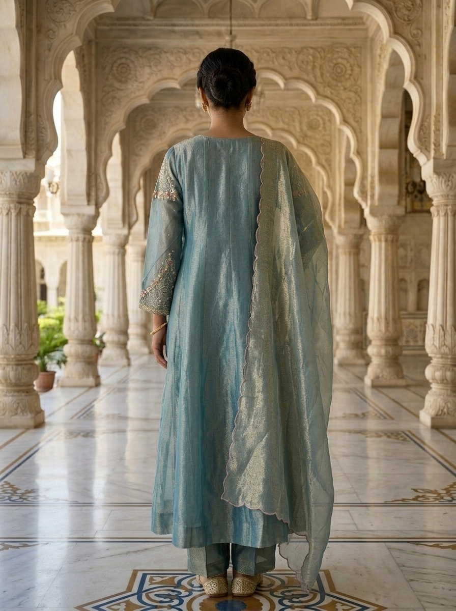 Neerus Blue tissue embellished suit set - back view