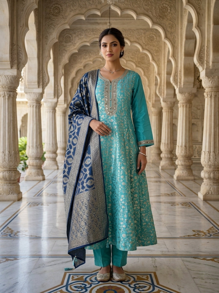 Neerus Blue Banarasi embellished suit set with contrast dupatta - front view