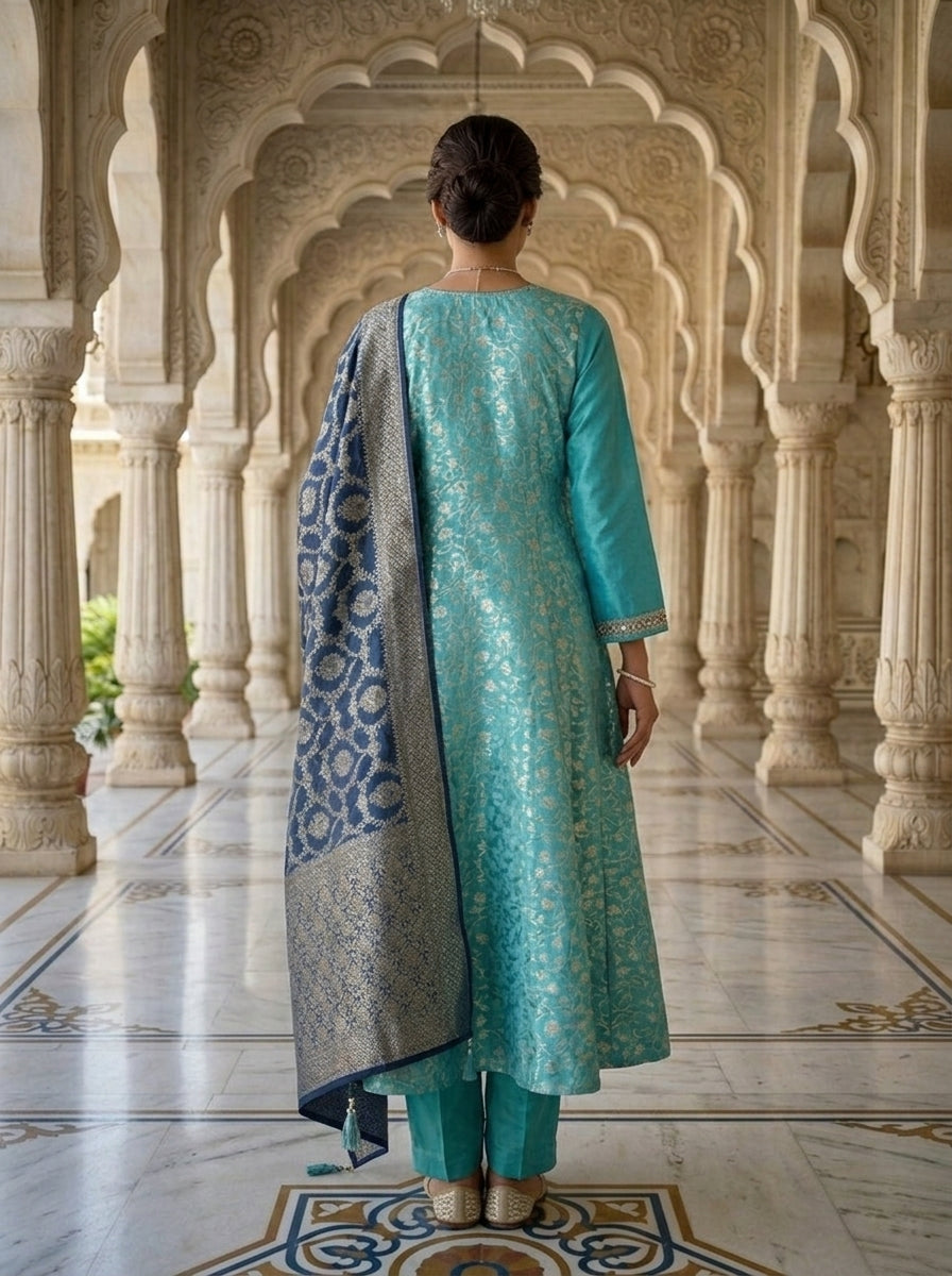 Neerus Blue Banarasi embellished suit set with contrast dupatta - back view