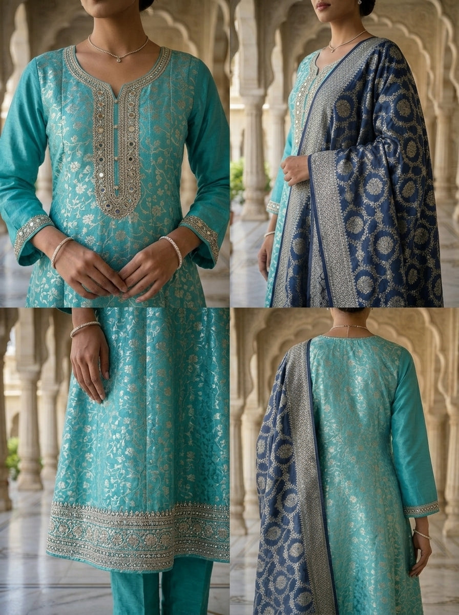 Neerus Blue Banarasi embellished suit set with contrast dupatta - side view