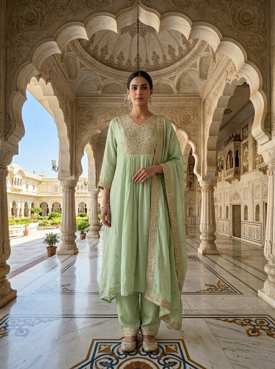 Neerus Green Chinon Embroidered Suit Set - front view