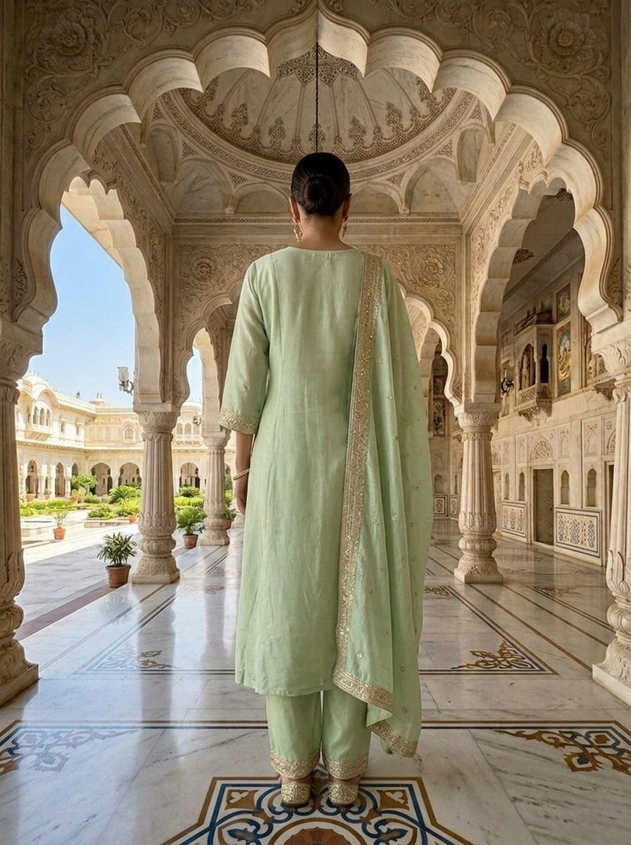 Neerus Green Chinon Embroidered Suit Set - back view