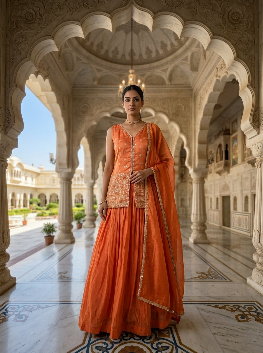 Neerus Pink tissue embellished lehenga set - front view