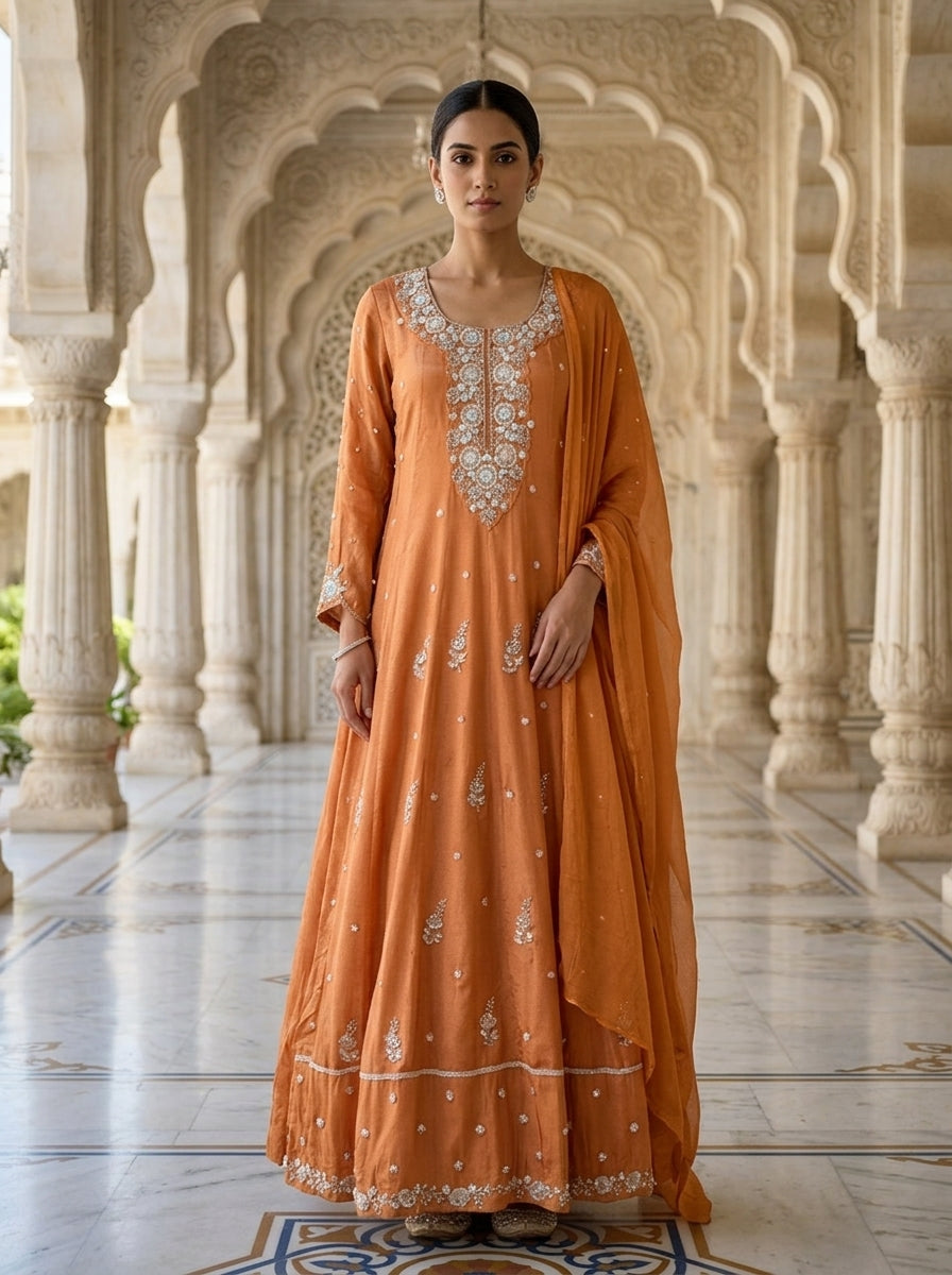 Neerus Pink chinon embellished anarkali suit set - front view