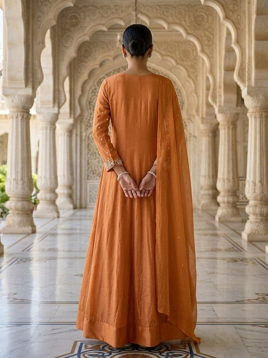 Neerus Pink chinon embellished anarkali suit set - back view