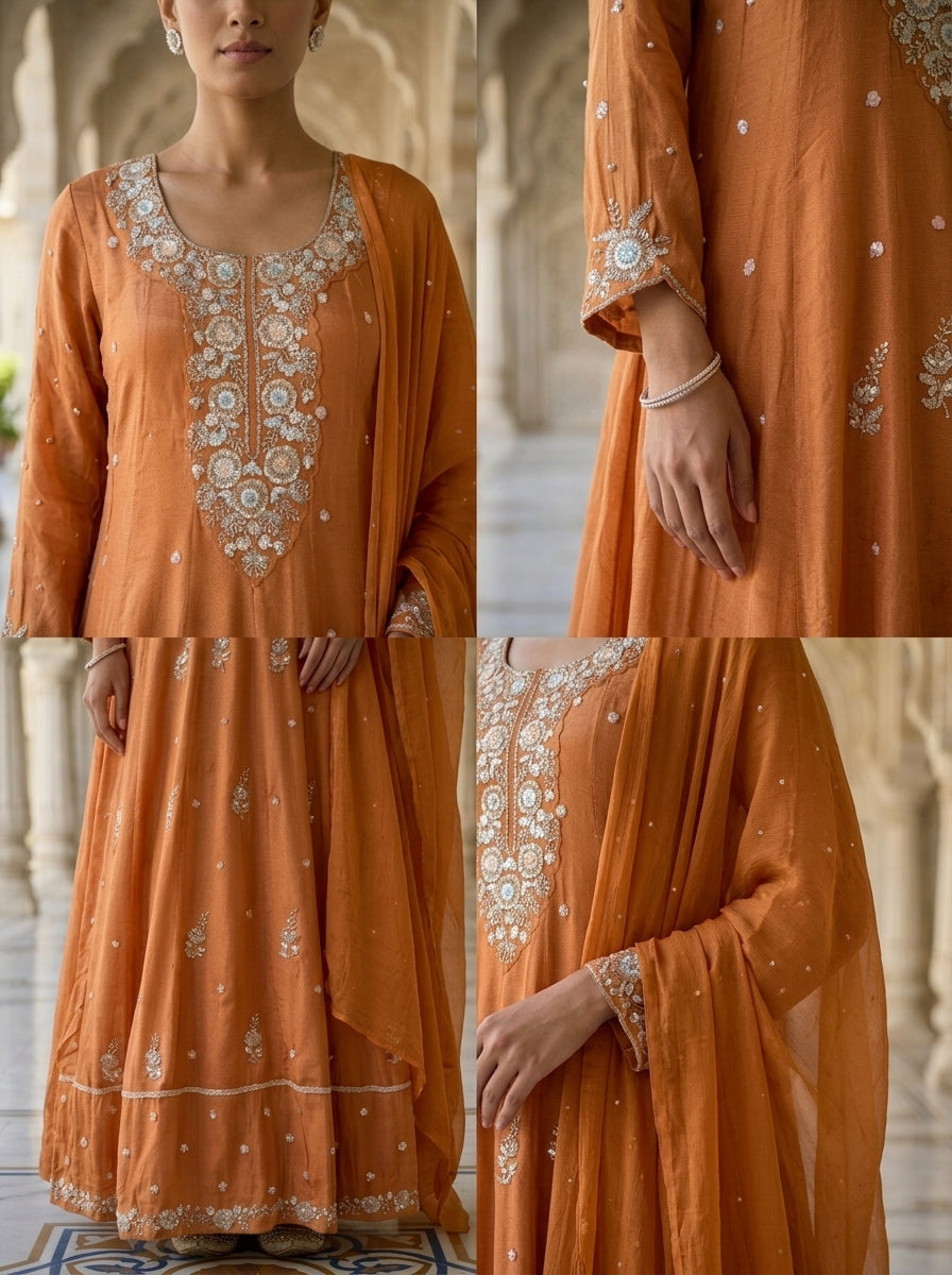 Neerus Pink chinon embellished anarkali suit set - side view