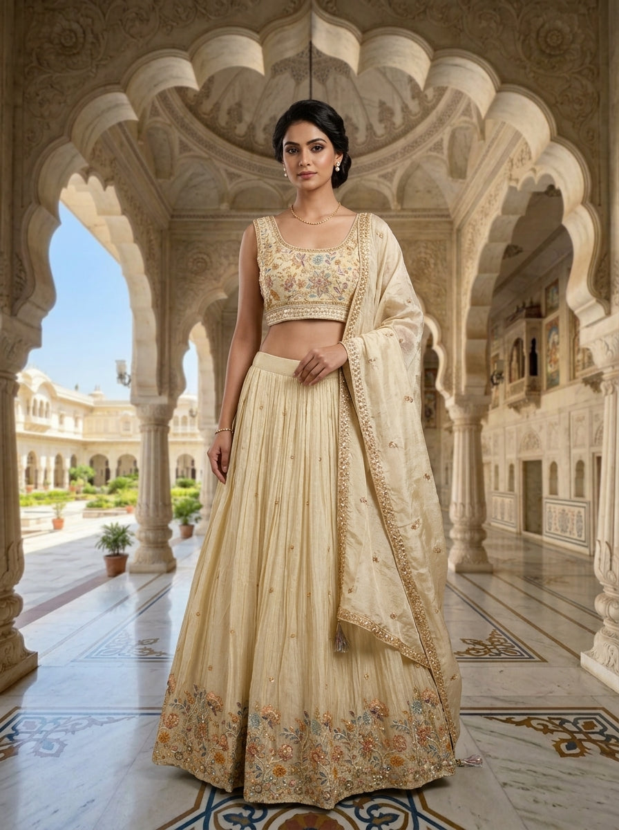Neerus Beige tissue embellished lehenga set - front view