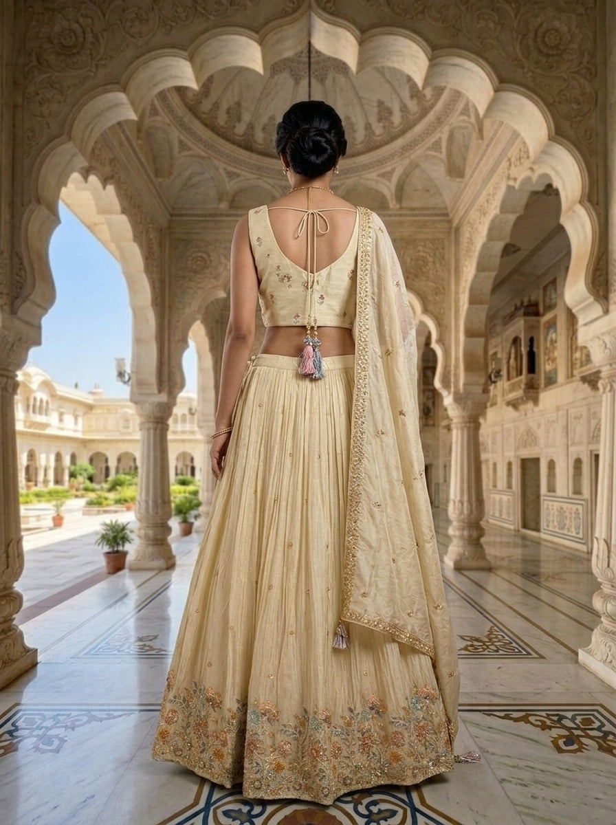 Neerus Beige tissue embellished lehenga set - back view