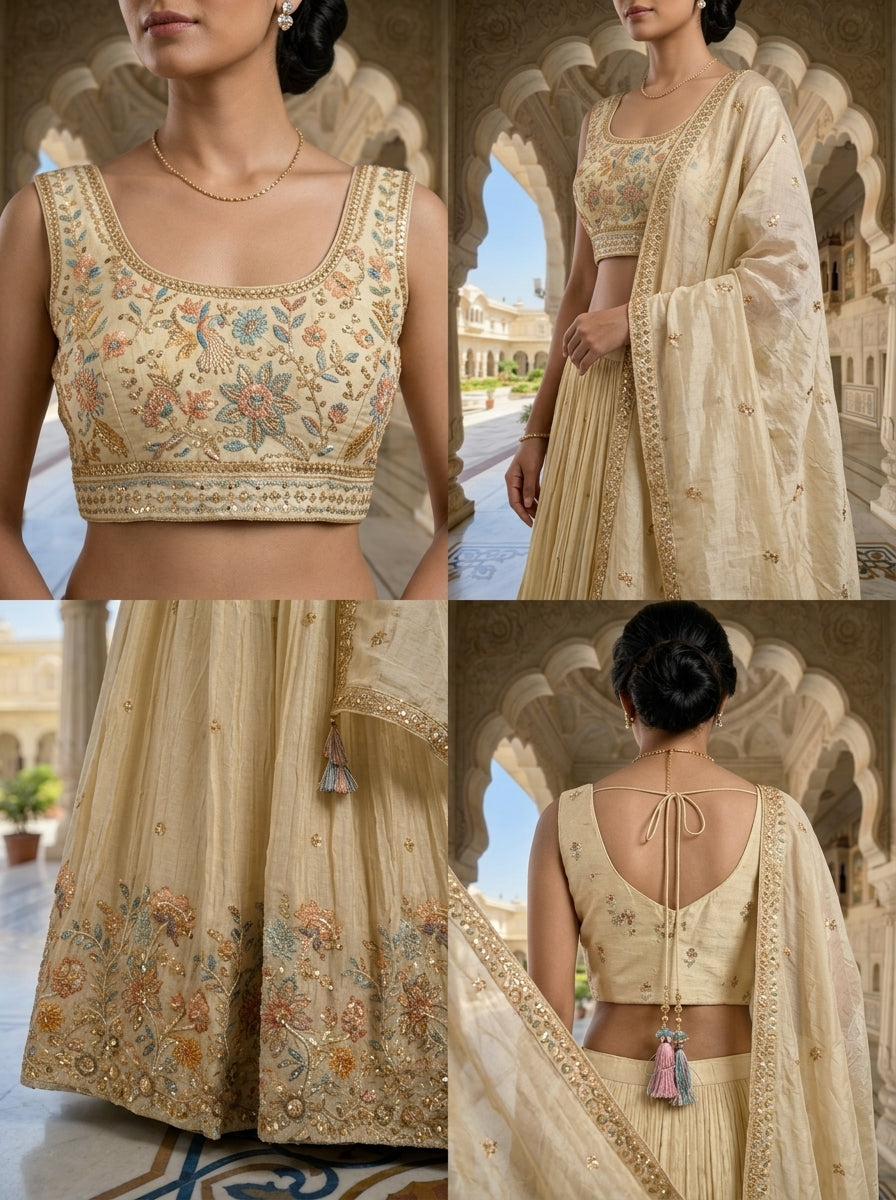 Neerus Beige tissue embellished lehenga set - side view