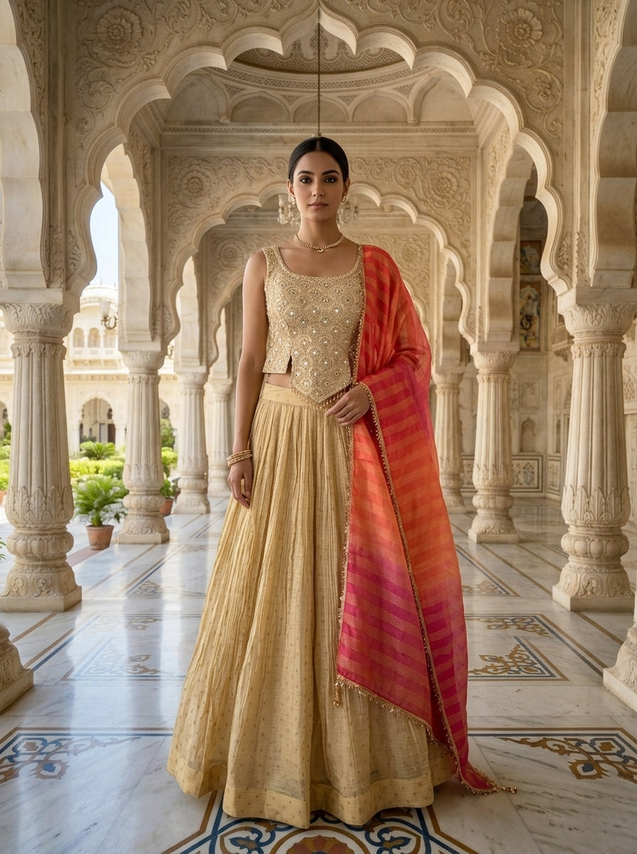 Neerus Beige tissue embroidered lehenga set - front view