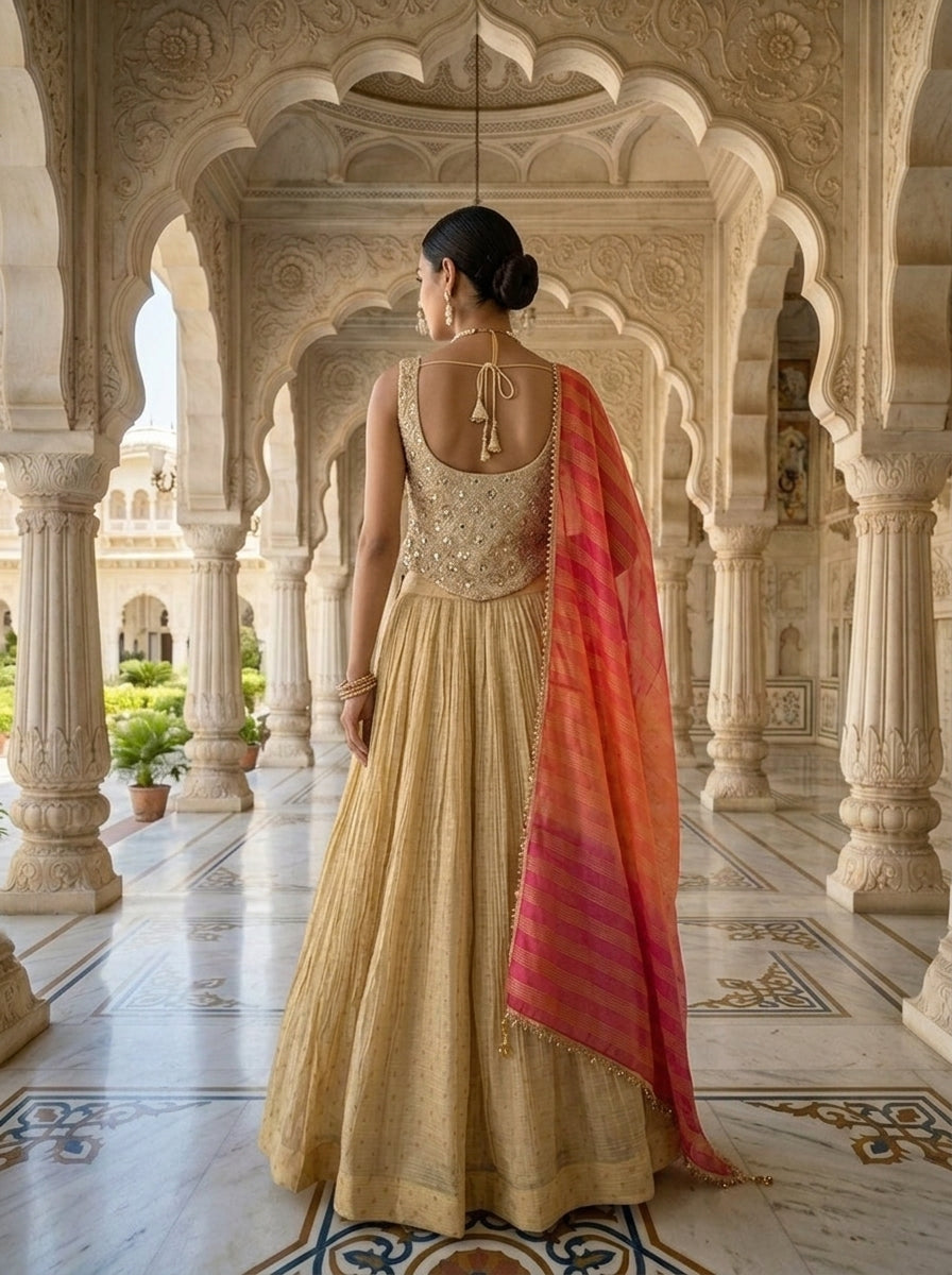 Neerus Beige tissue embroidered lehenga set - back view