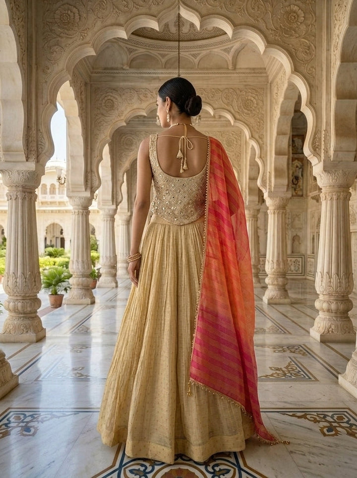 Neerus Beige tissue embroidered lehenga set - back view