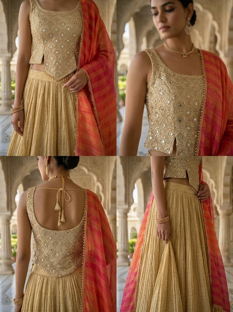 Neerus Beige tissue embroidered lehenga set - side view